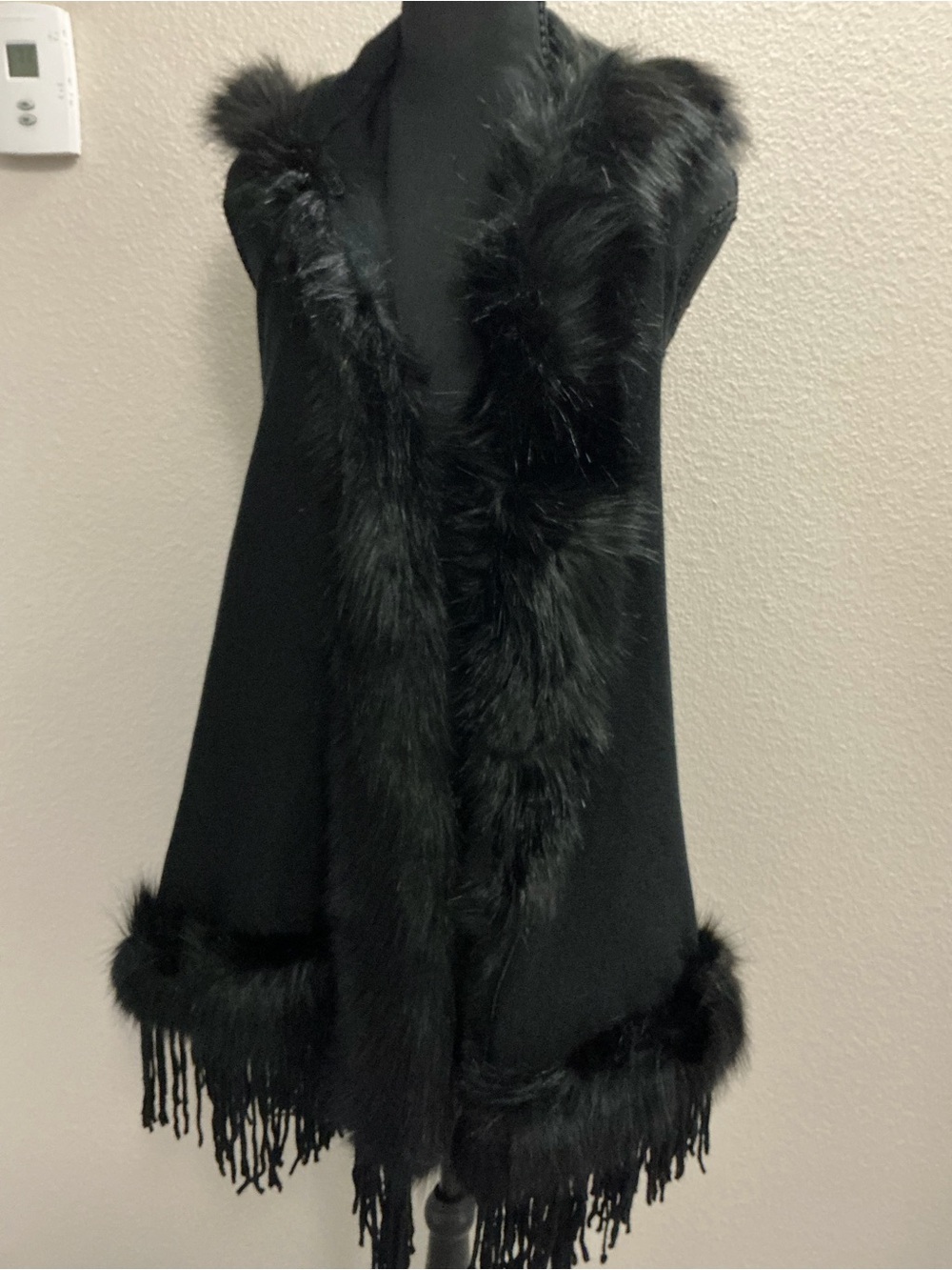 Black Faux Fur-Trim Fringe Vest
